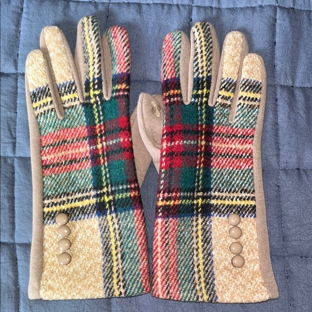 Tan/Green/Red/Yellow Plaid Gloves with Button Detail